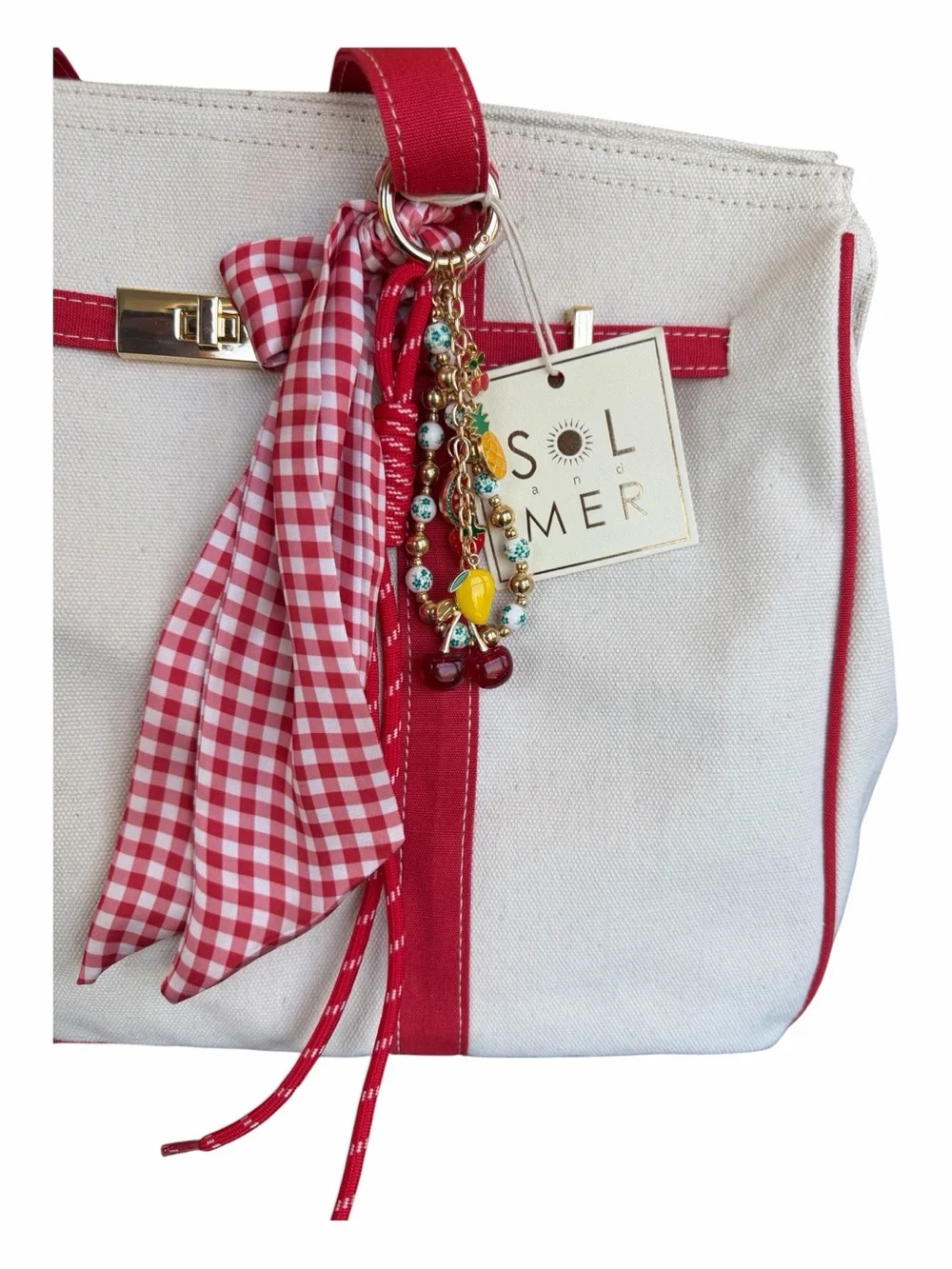 VIRAL Sol & Mer Red Canvas Tote with Scarf and Fruit Charms Vacation Style Bag - Picture 8 of 11